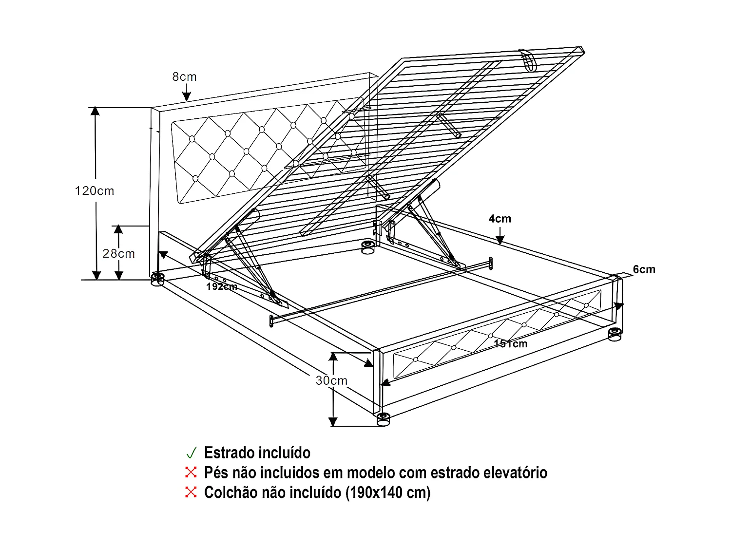 Cama de Casal Roman Estrado Elevatório (Preto)(190×140 cm)