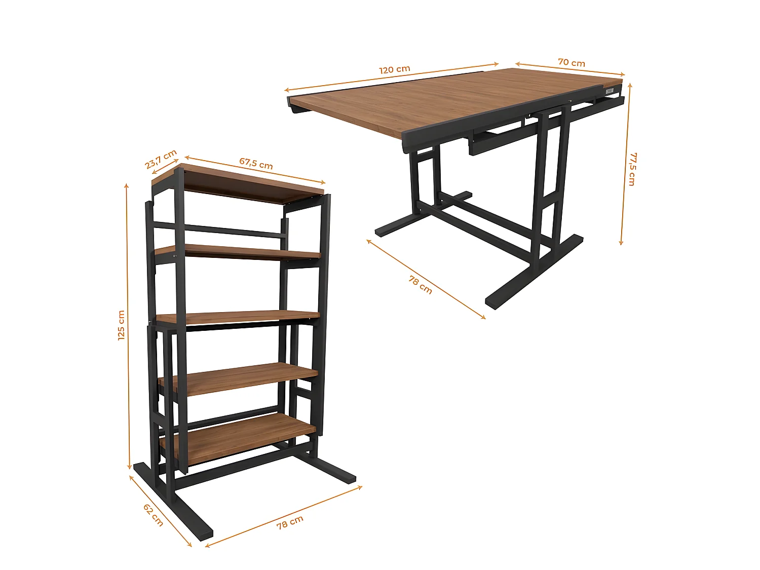 Table modulable (L120 x l78 x H77,5 cm) convertible en Etagère - style industriel