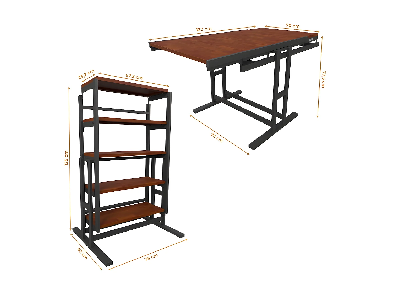 Table modulable en Bois (L120 x l78 x H77,5 cm) convertible en Etagère - style industriel - Couleur Chêne naturel