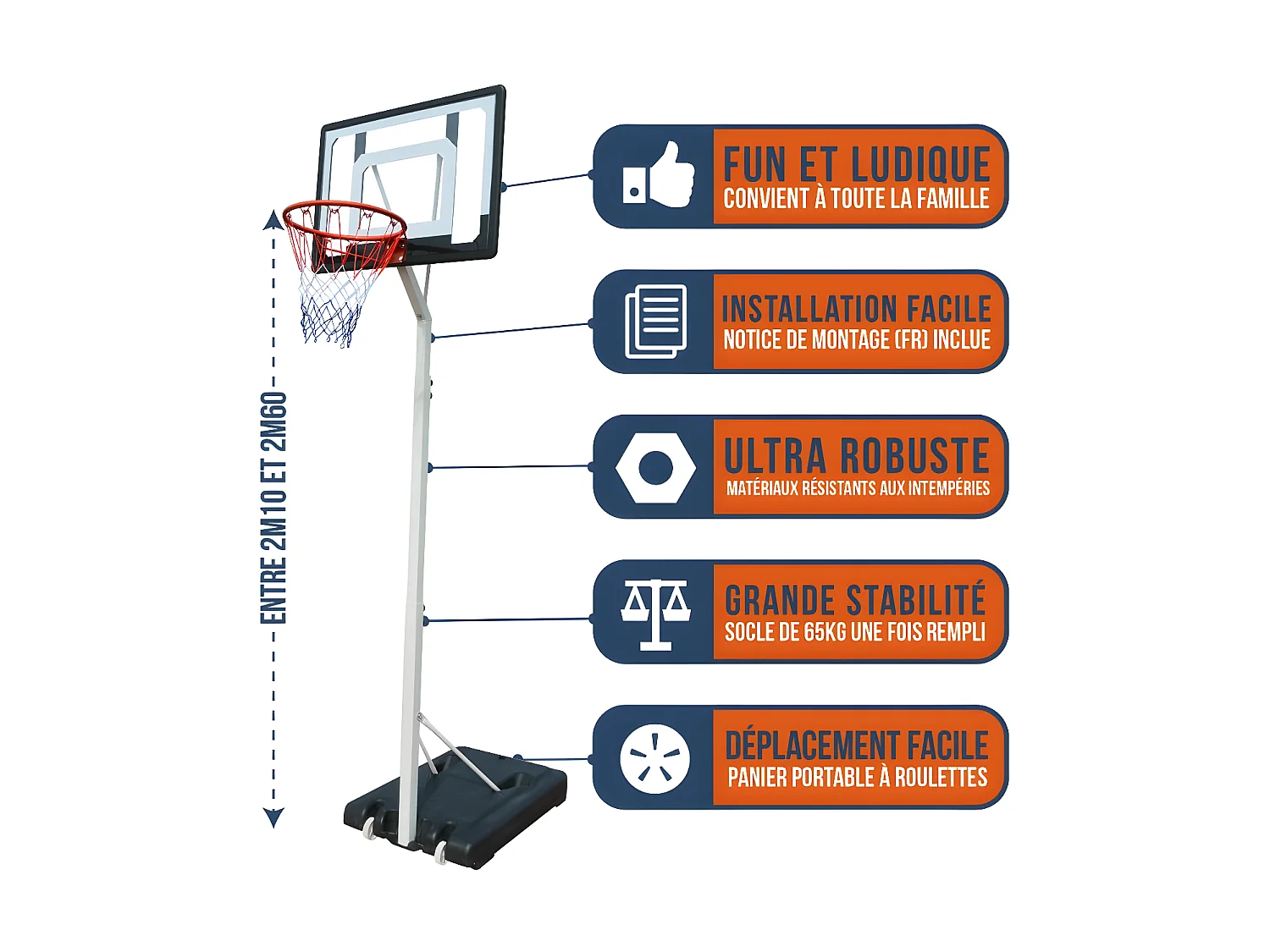 Panier de Basket sur Pied Mobile "Charlotte" Hauteur Réglable de 2,1m a 2,6m