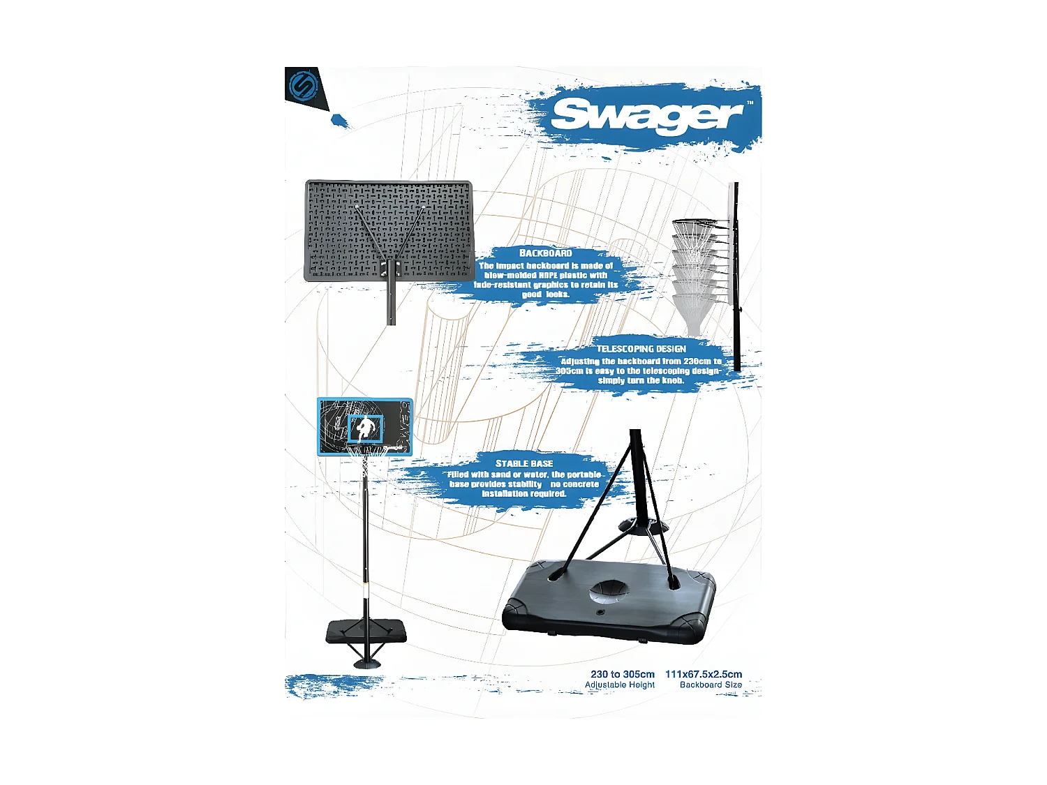 Panier de Basketball sur Pied Mobile " The Glider" Hauteur Réglable de 2,30m à 3,05m