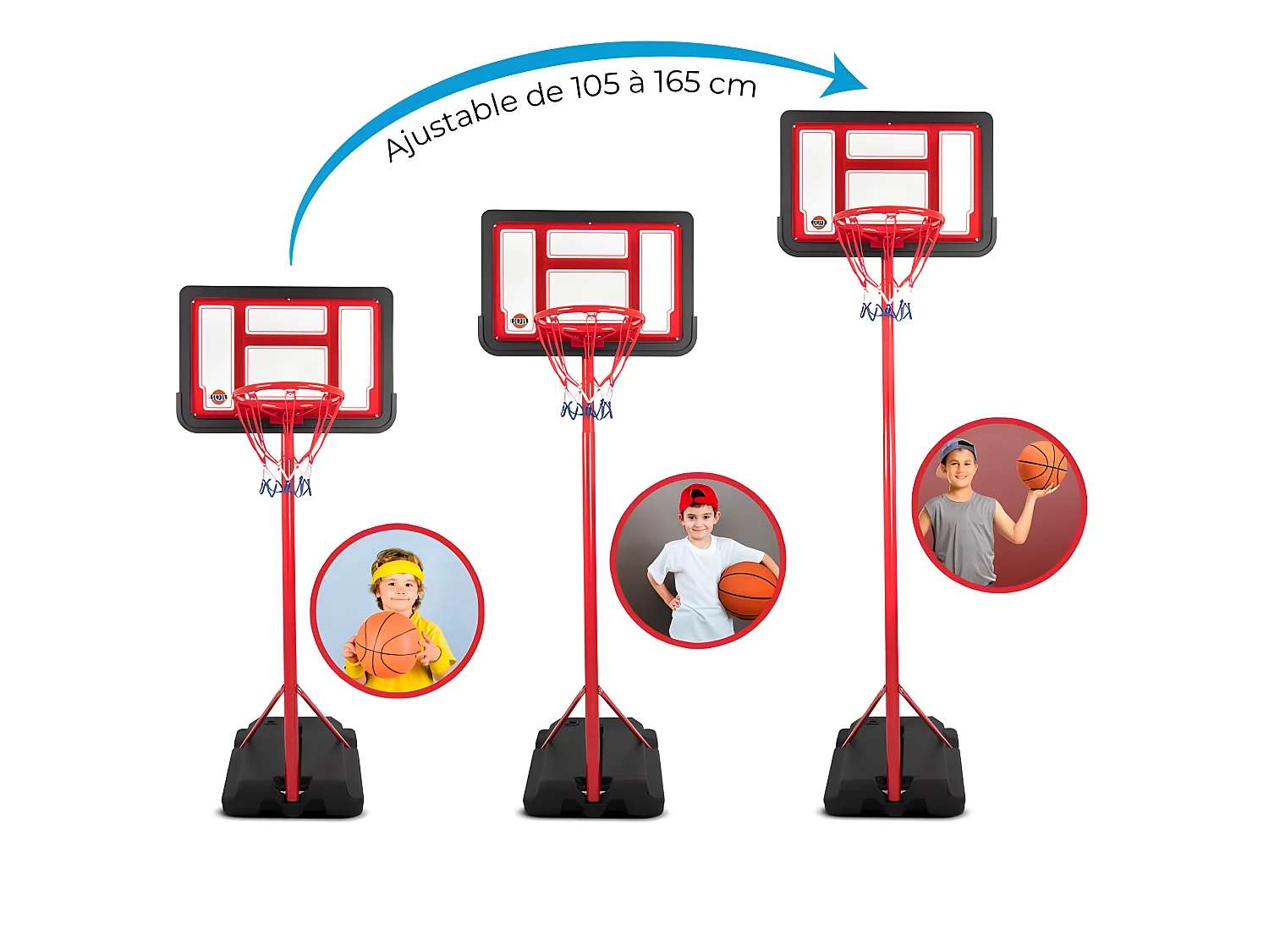 Panier de basket sur Pied Evolutif DENVER hauteur réglable de 1.05m à 1.65m Ballon et Pompe inclus