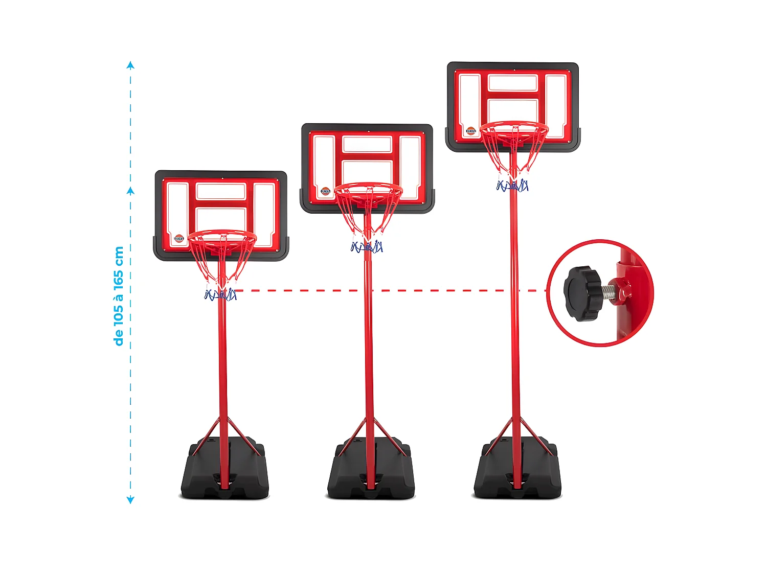 Panier de basket sur Pied Evolutif DENVER hauteur réglable de 1.05m à 1.65m Ballon et Pompe inclus