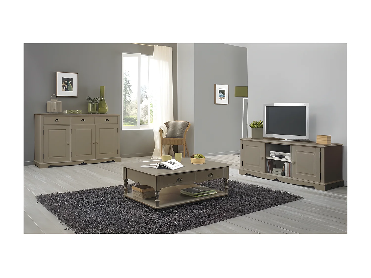 Buffet Taupe Style Anglais 3 Portes 3 Tiroirs 4 Niches L 146.6 H 89.6 P 42.5 cm