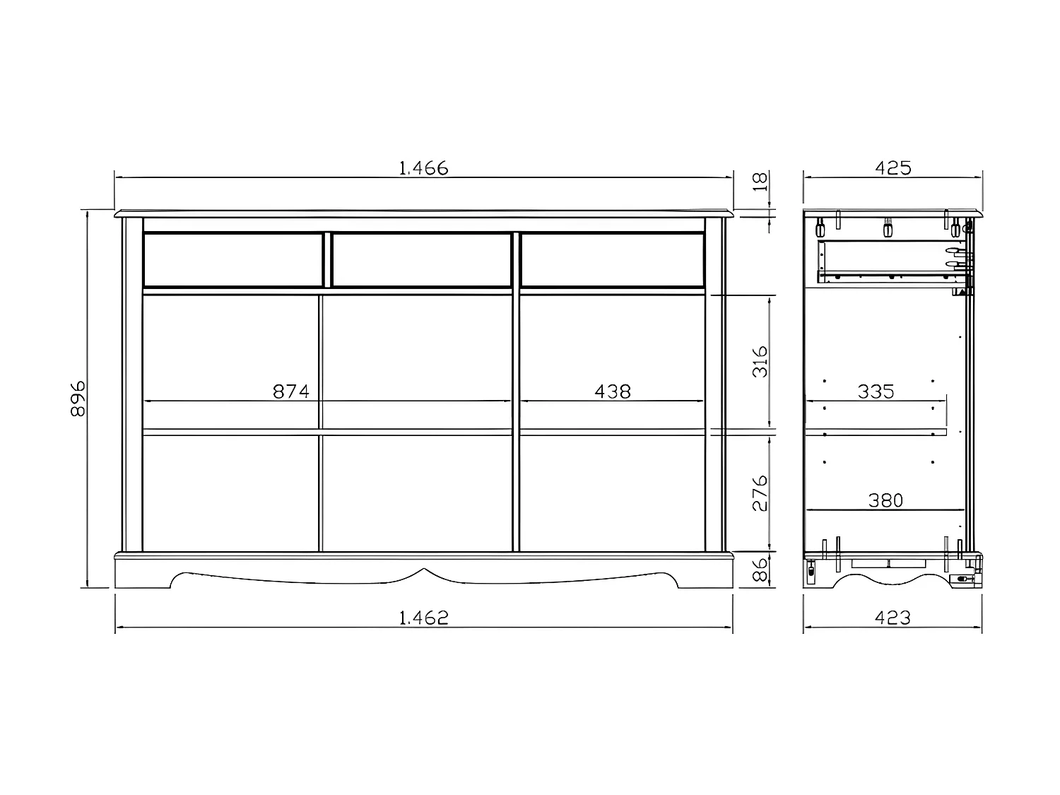 Buffet Taupe Style Anglais 3 Portes 3 Tiroirs 4 Niches L 146.6 H 89.6 P 42.5 cm