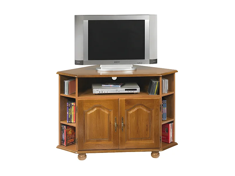 Meuble TV d'Angle 42 Pouces Chêne 9 Niches 2 Portes L 114 H 77 P 77 cm