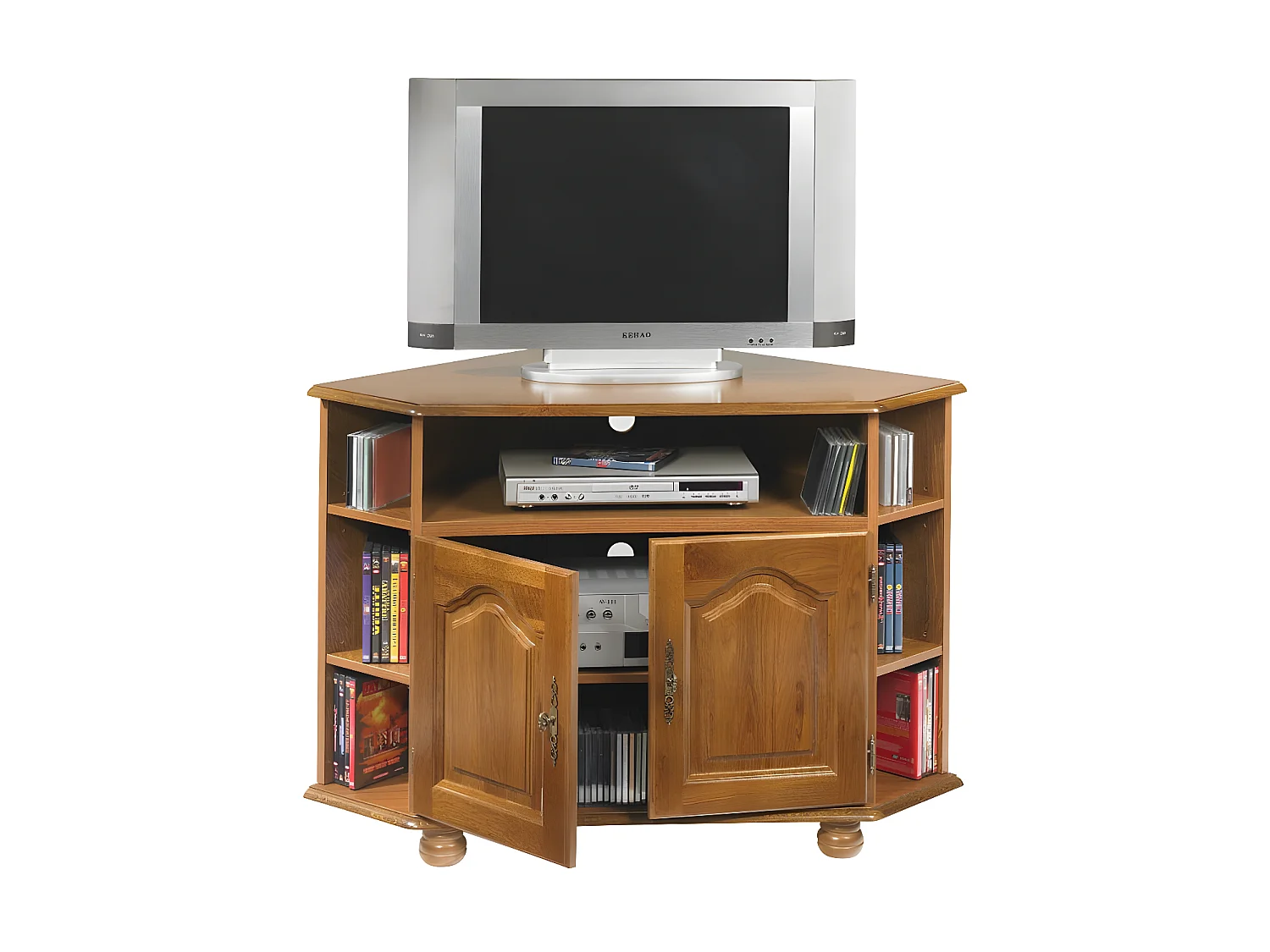 Meuble TV d'Angle 42 Pouces Chêne 9 Niches 2 Portes L 114 H 77 P 77 cm