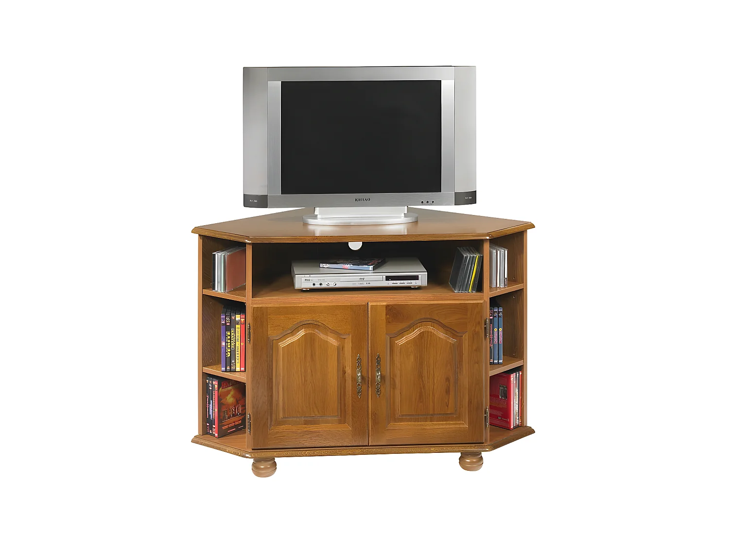 Meuble TV d'Angle 42 Pouces Chêne 9 Niches 2 Portes L 114 H 77 P 77 cm