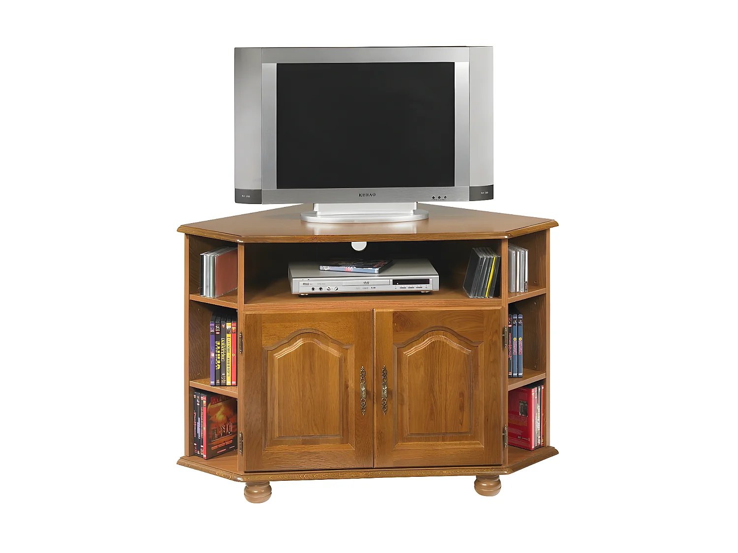 Meuble TV d'Angle 42 Pouces Chêne 9 Niches 2 Portes L 114 H 77 P 77 cm