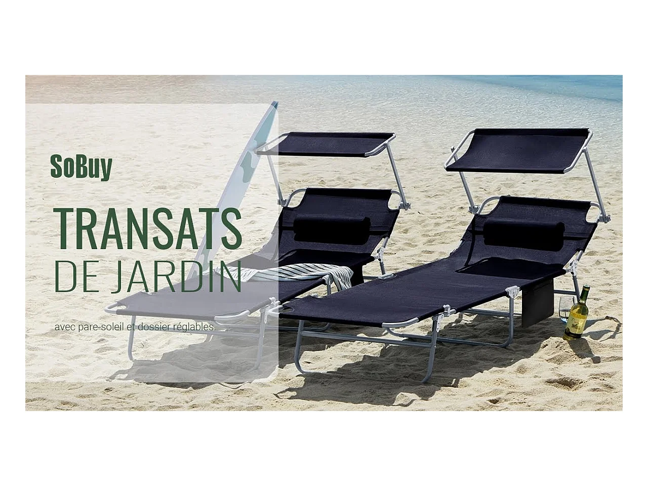 Tumbona, Tumbona de Relación con Respaldo Reclinable y Parasol, Tumbona Plegable OGS48-SCH SoBuy ES
