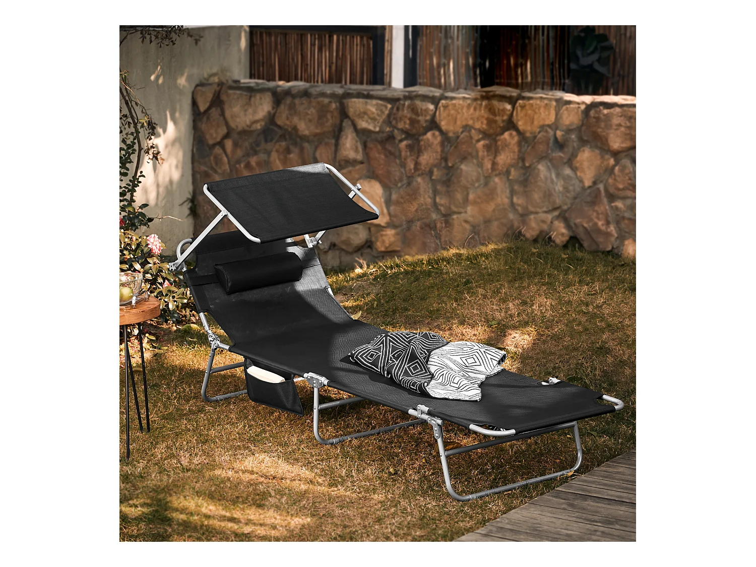 SoBuy OGS48-Sch Bain de Soleil Chaise Longue Transat de Jardin Pliable Position Réglable avec Parasol Pare Soleil - Charge 150kg – Noir