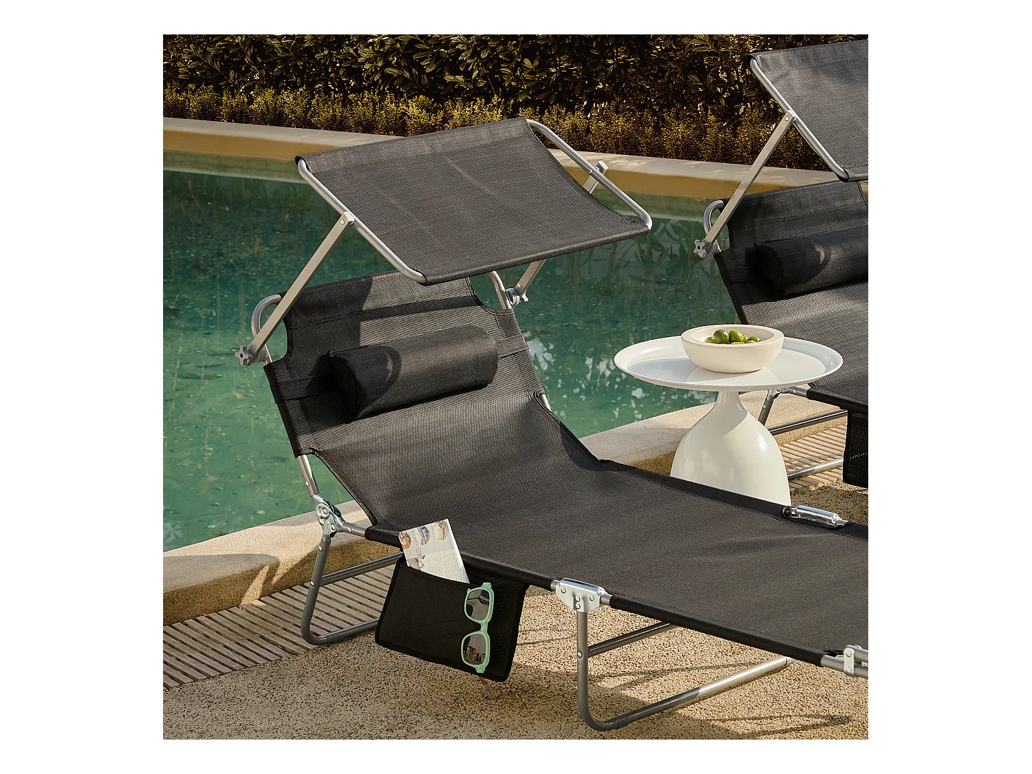 SoBuy OGS48-Sch Bain de Soleil Chaise Longue Transat de Jardin Pliable Position Réglable avec Parasol Pare Soleil - Charge 150kg – Noir