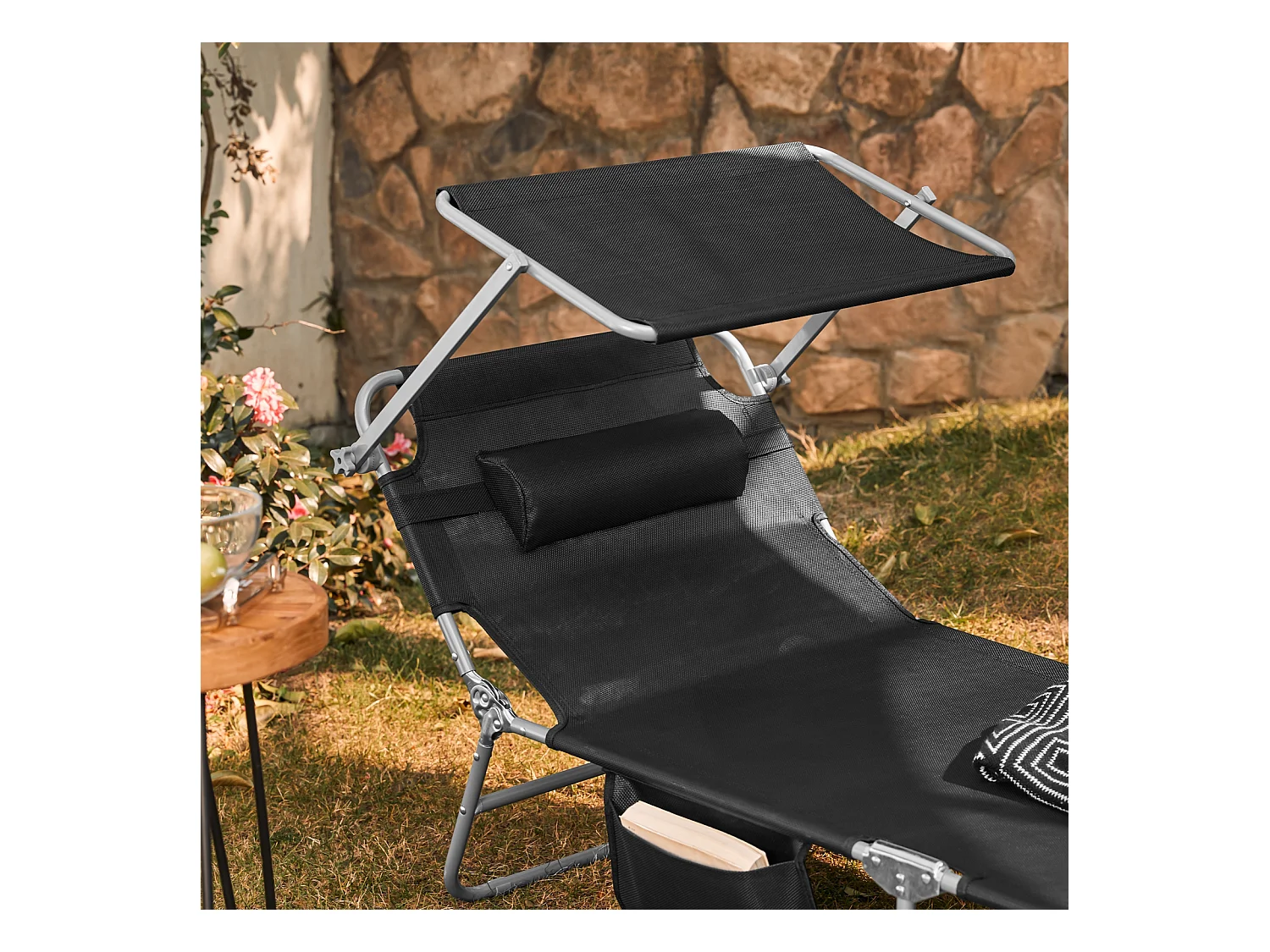 SoBuy OGS48-Sch Bain de Soleil Chaise Longue Transat de Jardin Pliable Position Réglable avec Parasol Pare Soleil - Charge 150kg – Noir