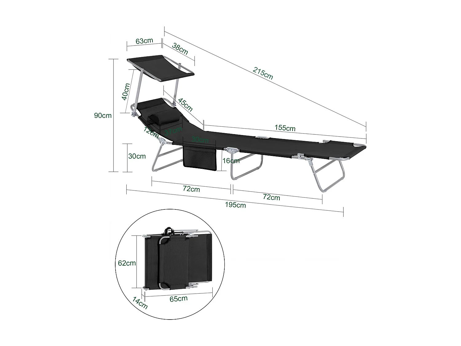 SoBuy OGS48-Sch ligstoel opvouwbare tuinligstoel verstelbare positie met zonnescherm parasol - belasting 150 kg – zwart