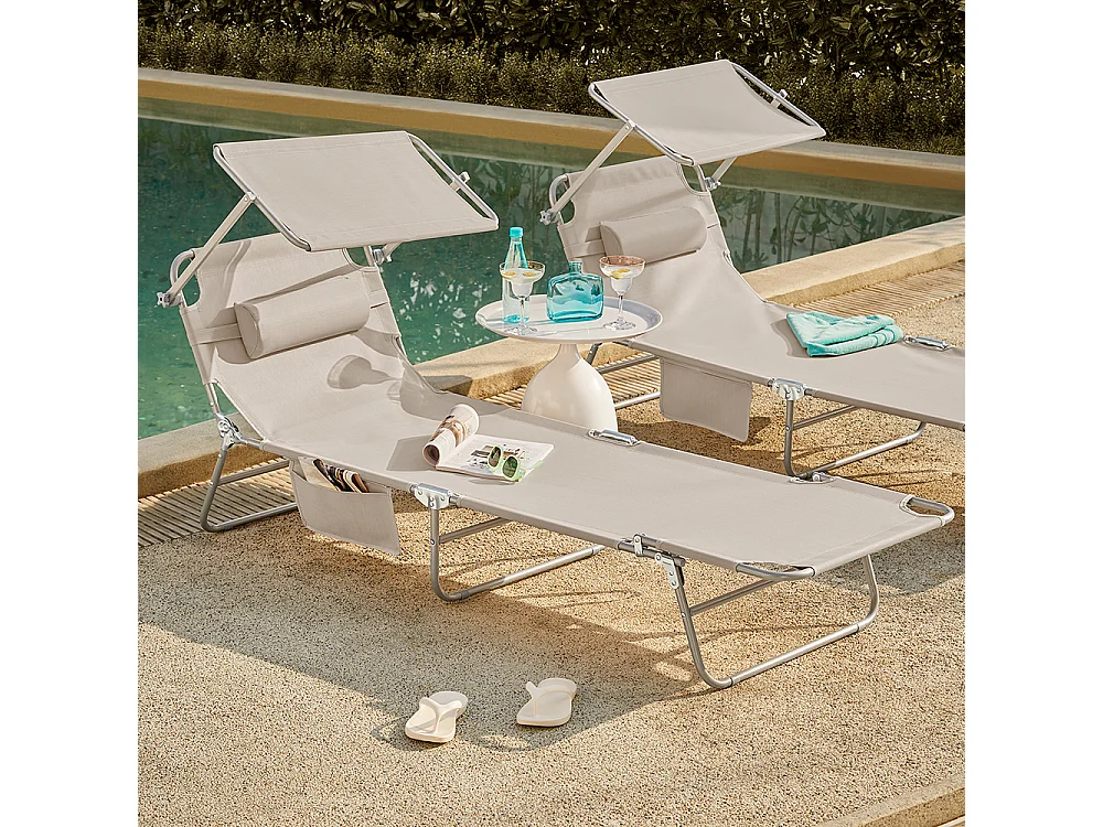 SoBuy OGS48-MIx2 Lot de 2 Bain de Soleil Chaise Longue Transat de Jardin Pliables Position réglable avec Parasol Pare Soleil - Beige