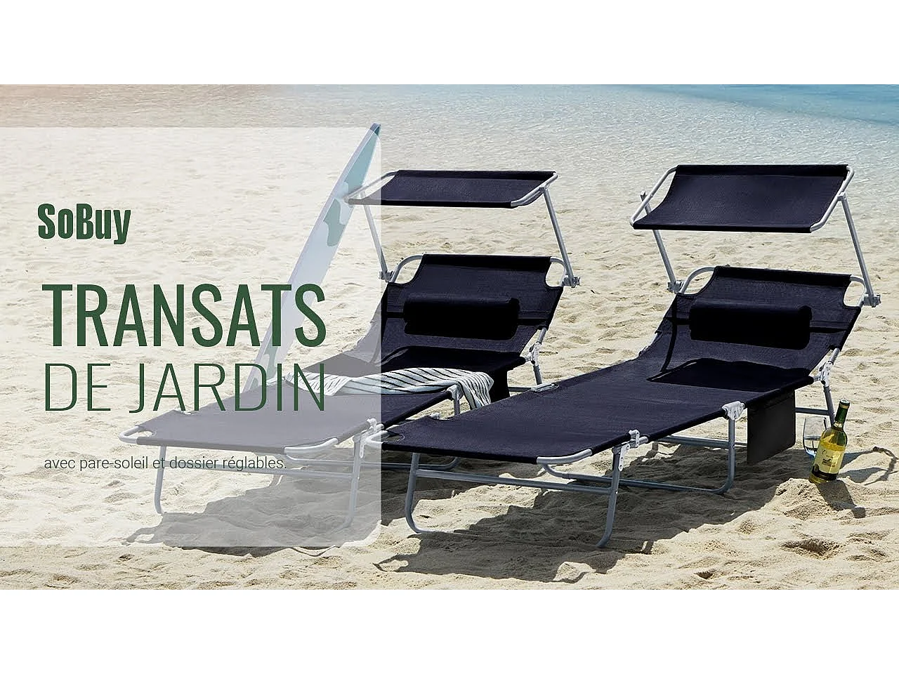 SoBuy OGS48-SCHx2 Lot de 2 Bains de Soleil Chaises Longue Transats de Jardin Pliable Position réglable avec Parasol Pare Soleil - Noir