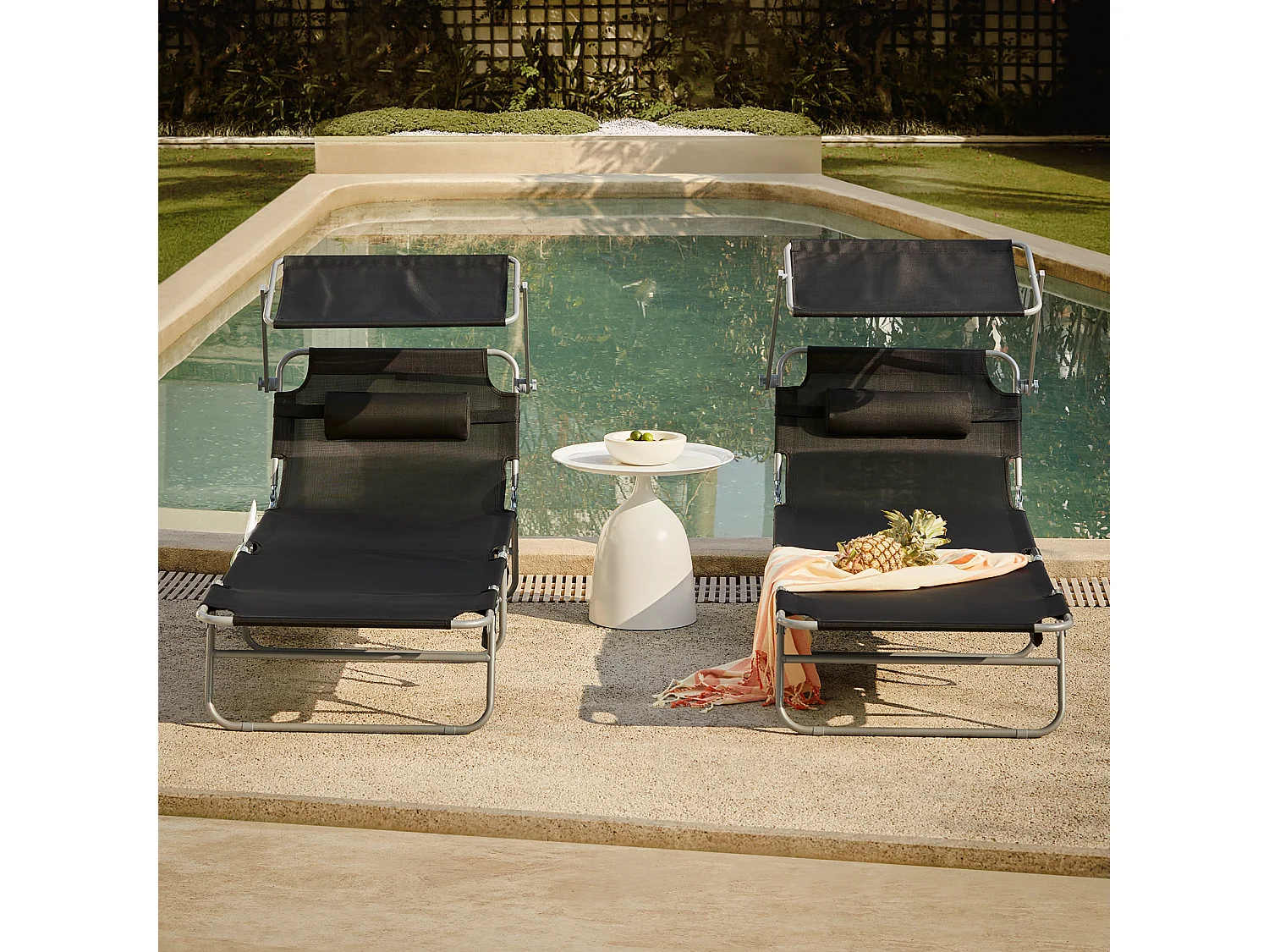 SoBuy OGS48-SCHx2 Set van 2 ligstoelen Opvouwbare tuinstoelen Verstelbare positie met parasolzonnescherm - Zwart