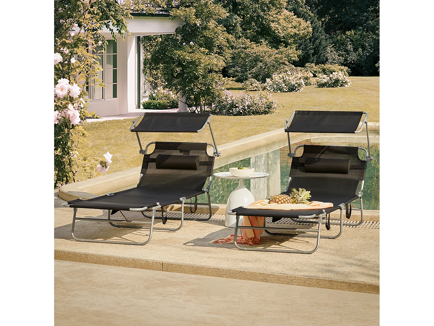 SoBuy OGS48-SCHx2 Lot de 2 Bains de Soleil Chaises Longue Transats de Jardin Pliable Position réglable avec Parasol Pare Soleil - Noir