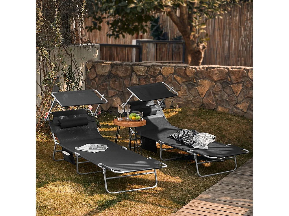 SoBuy OGS48-SCHx2 Lot de 2 Bains de Soleil Chaises Longue Transats de Jardin Pliable Position réglable avec Parasol Pare Soleil - Noir