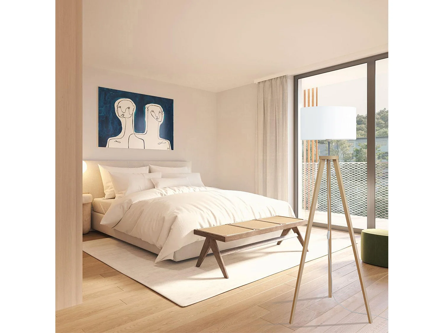 Lampadaire trépied, bois  naturel 152 cm.