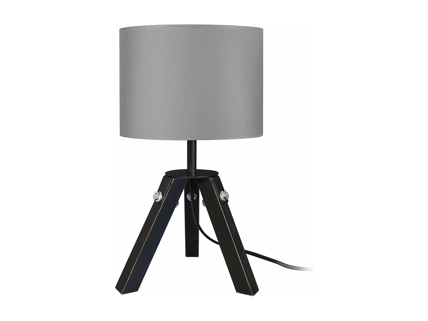 Lampe de chevet trépied bois  noir,aluminium,cylindre gris 30 cm.