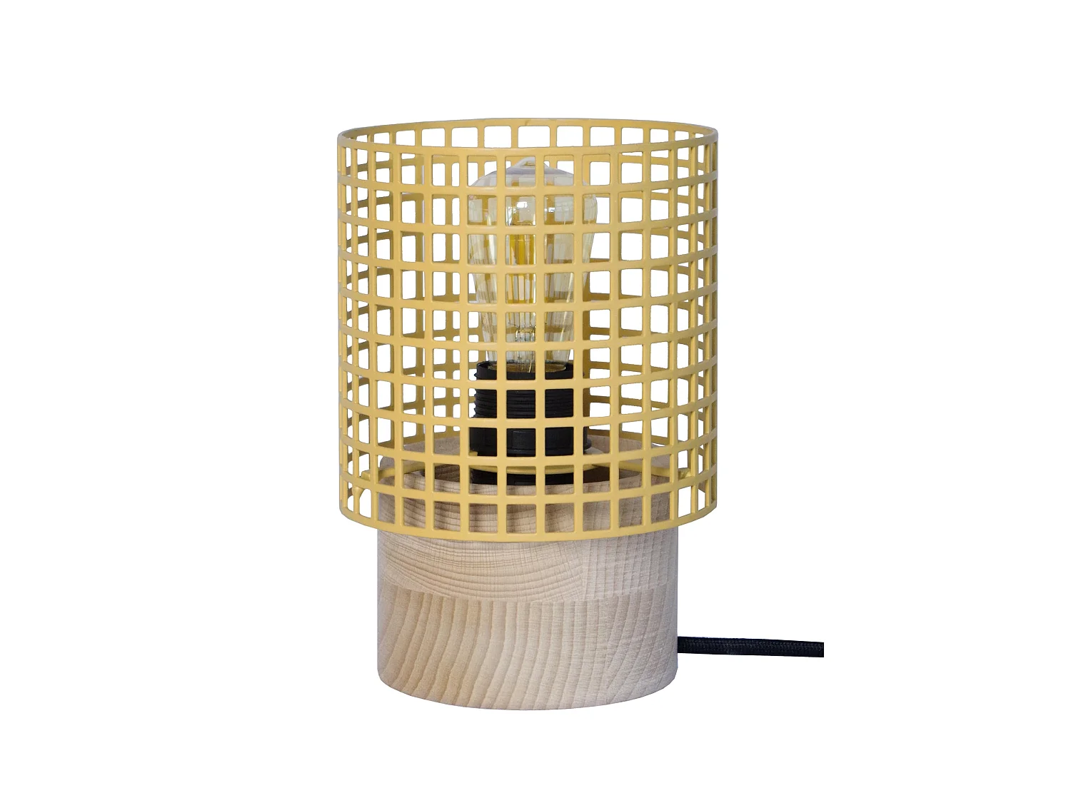 LISERON - Lampe de chevet cylindrique bois naturel  et jaune pastel