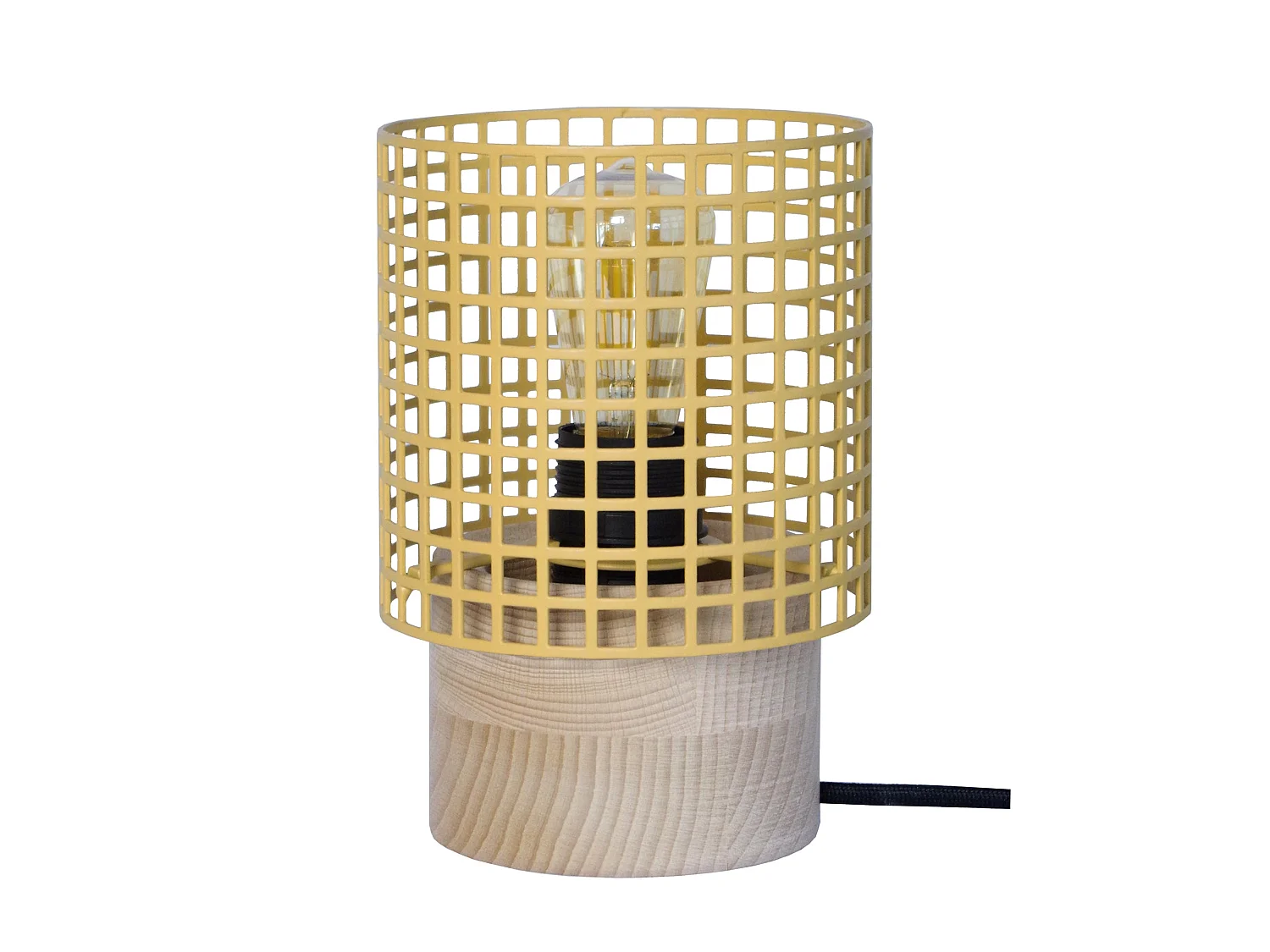 LISERON - Lampe de chevet cylindrique bois naturel  et jaune pastel