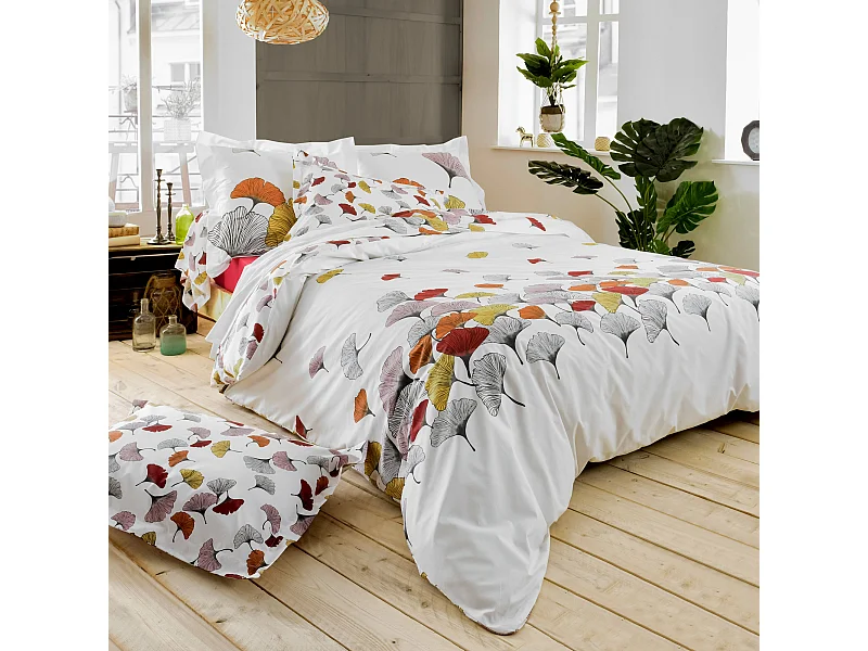 Parure de lit 240x220 cm 50x70 cm Percale pur coton GINKGO Rose