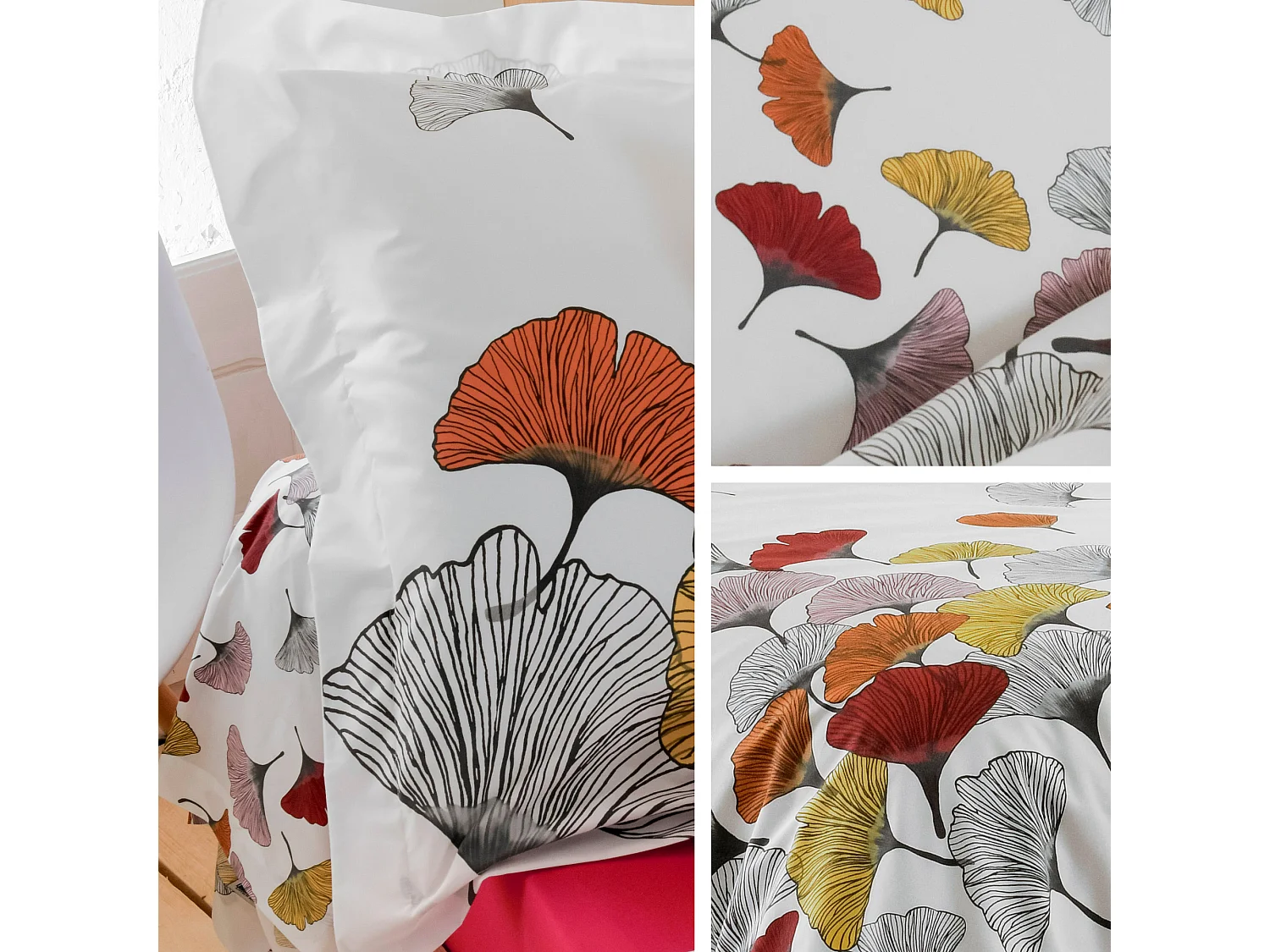 Parure de lit 240x220 cm 50x70 cm Percale pur coton GINKGO Rose