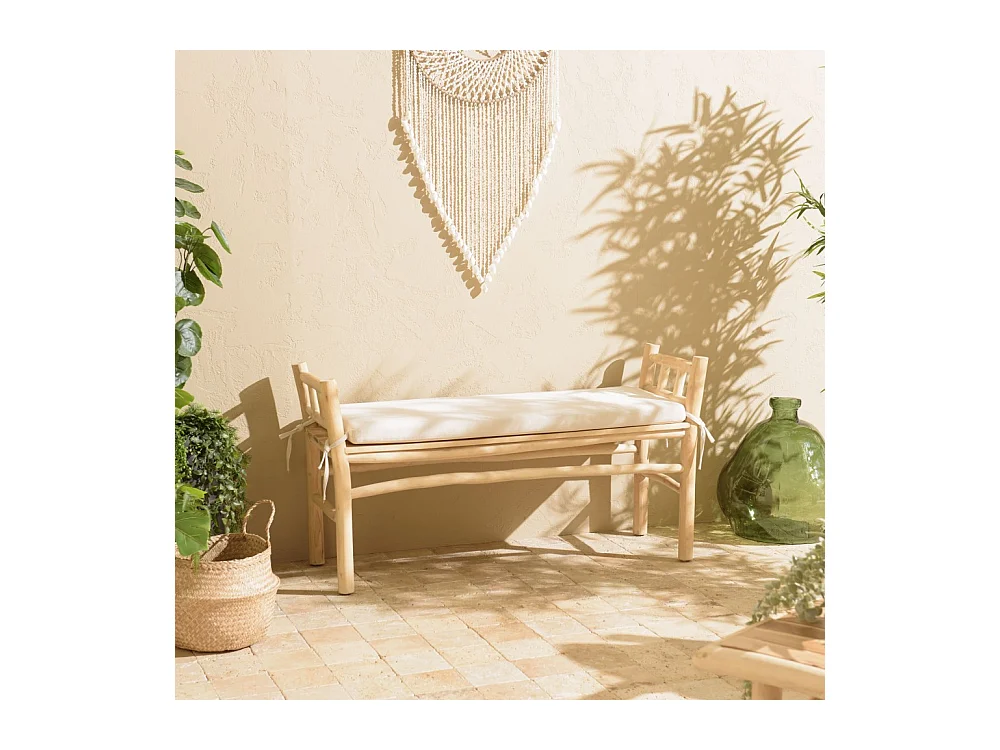 WILL - Banc en branches de teck naturel coussin blanc