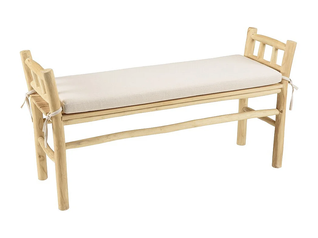 WILL - Banc en branches de bois de teck naturel coussin blanc