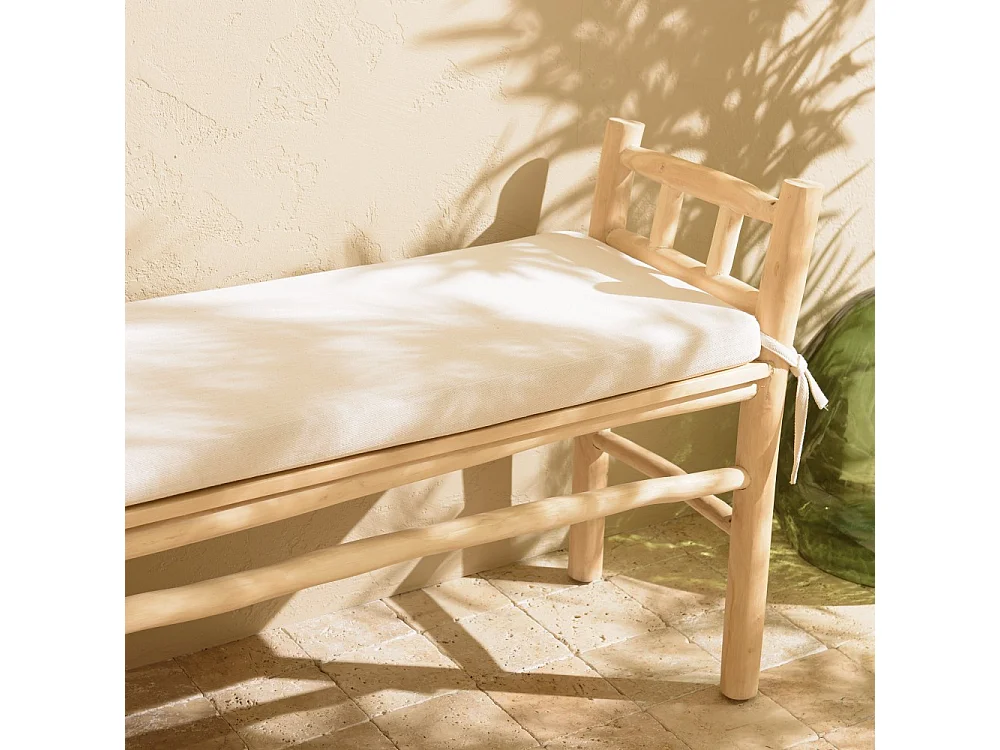 WILL - Banc en branches de bois de teck naturel coussin blanc