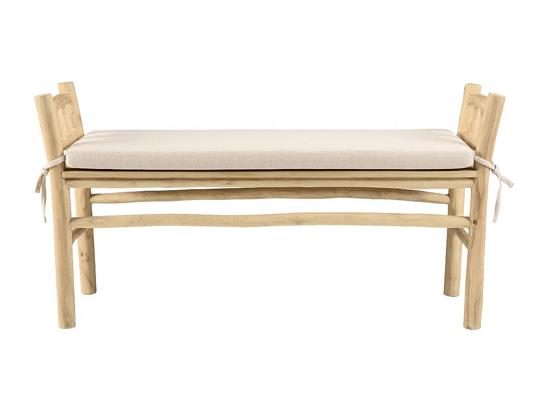 WILL - Banc en branches de bois de teck naturel coussin blanc