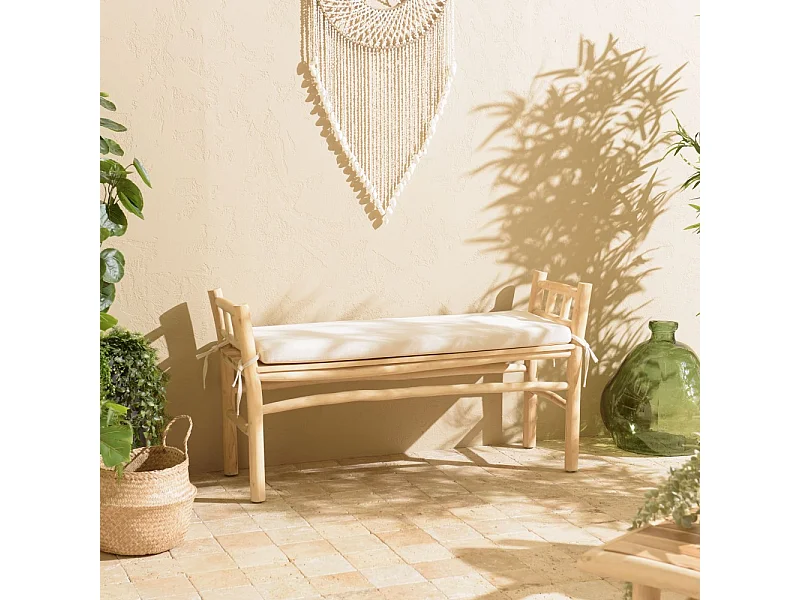 WILL - Banc en branches de bois de teck naturel coussin blanc