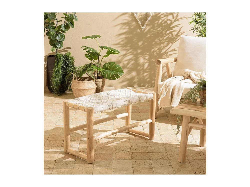 WILL - Banc en branches de teck naturel assise en macramé blanc