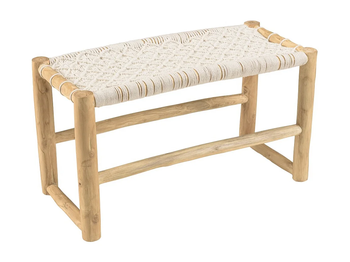 WILL - Banc en branches de bois de teck naturel assise macramé blanc