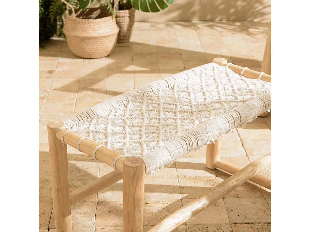 WILL - Banc en branches de bois de teck naturel assise macramé blanc