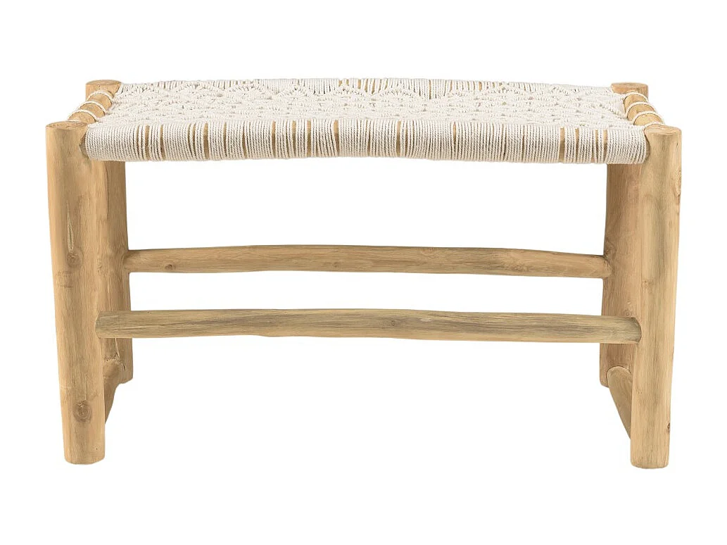 WILL - Banc en branches de bois de teck naturel assise macramé blanc