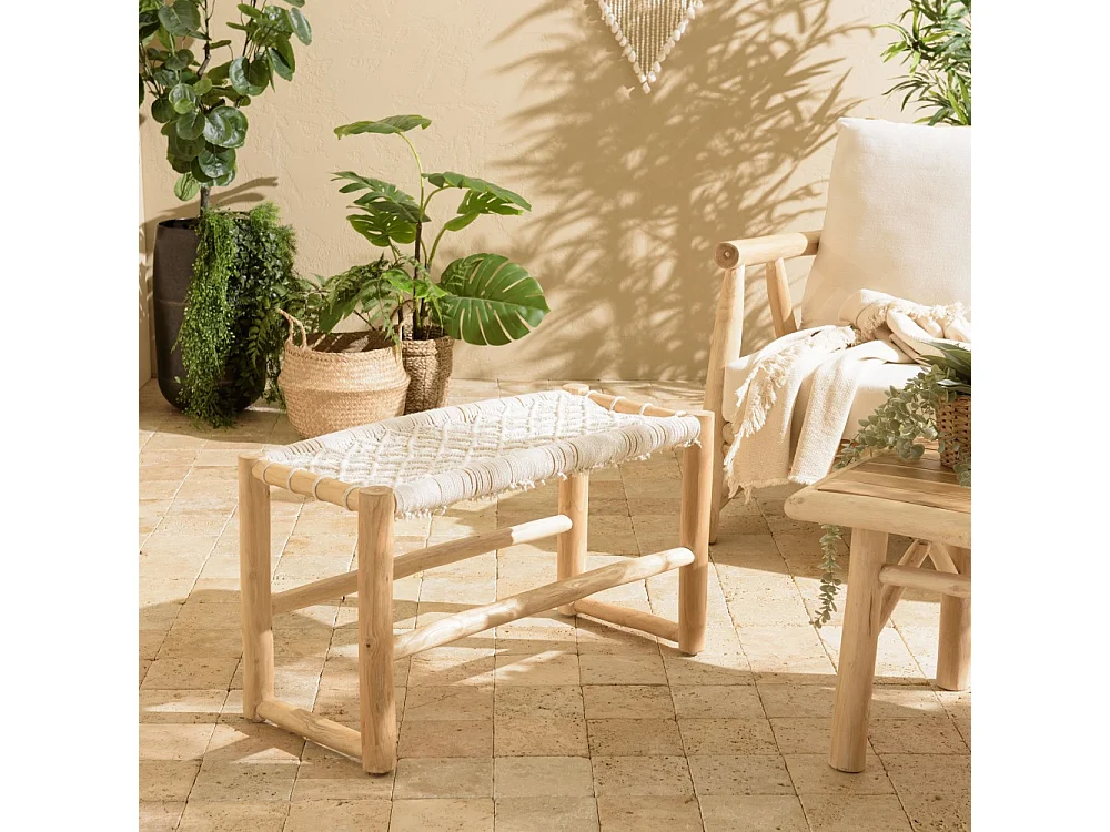 WILL - Banc en branches de bois de teck naturel assise macramé blanc