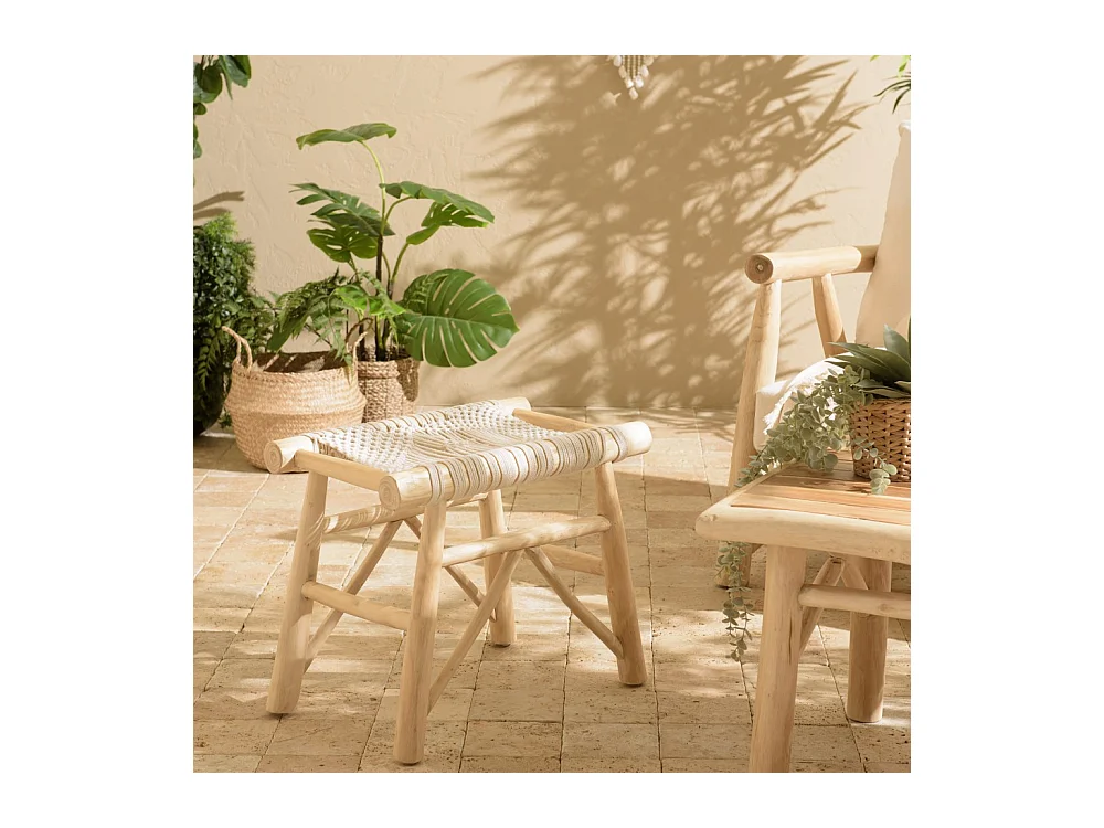 WILL - Tabouret en branches de teck naturel assise en macramé blanc