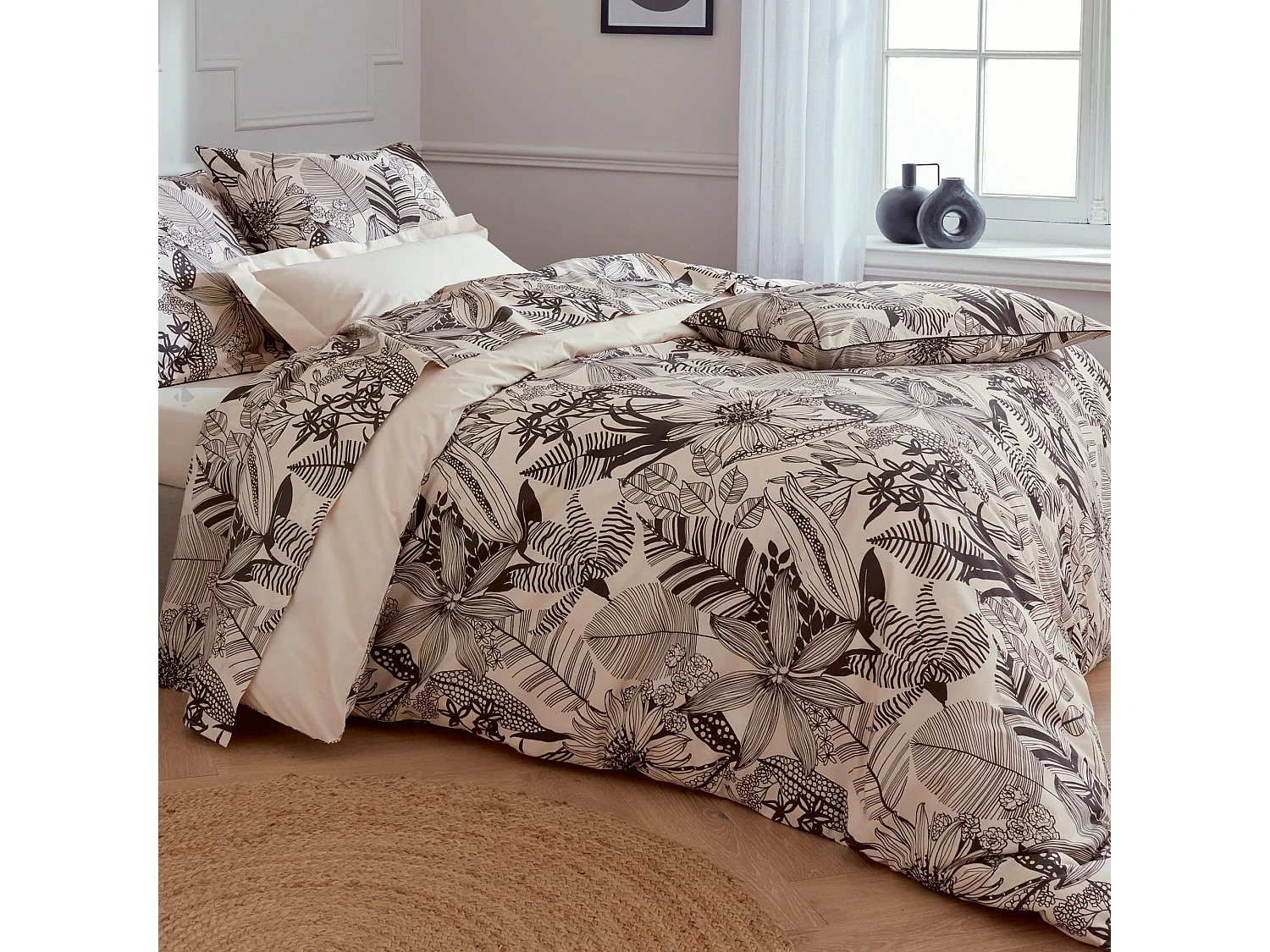 Housse de couette 140x200 cm percale de coton ALBA beige/noir