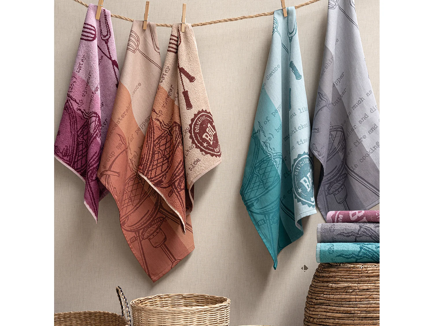 Lot de 2 torchons de cuisine pur coton 50x70 cm collection BBQ gris