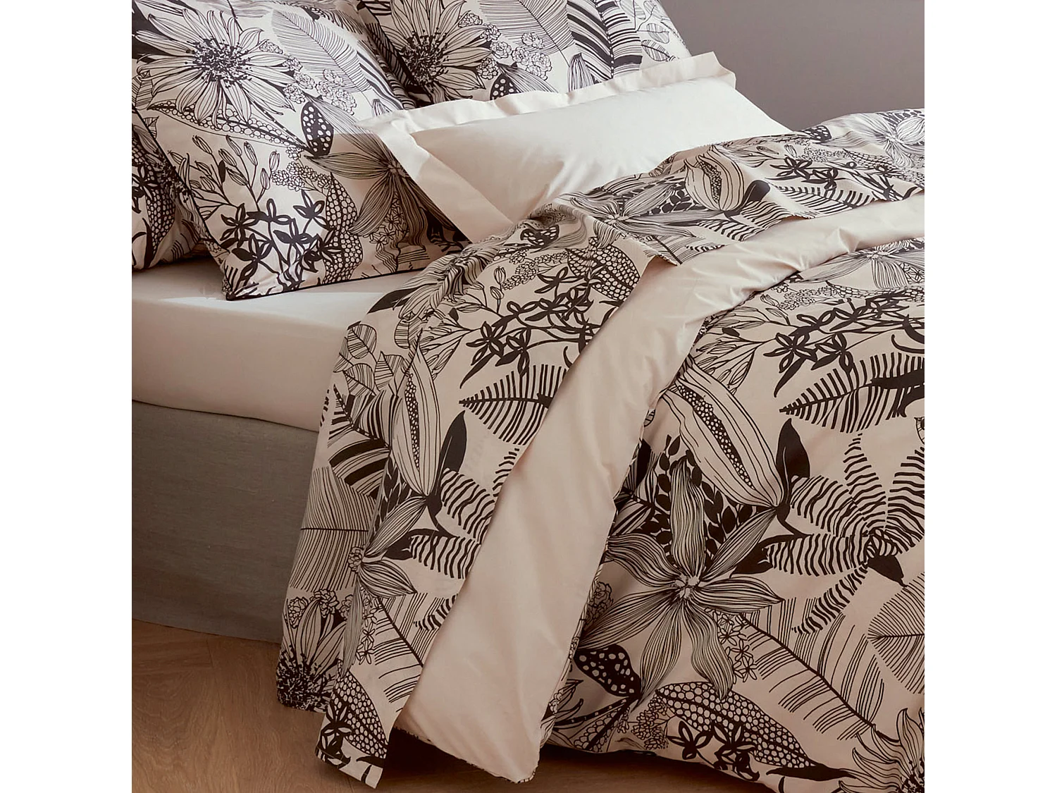 Drap plat 280x325 cm percale de coton ALBA beige/noir