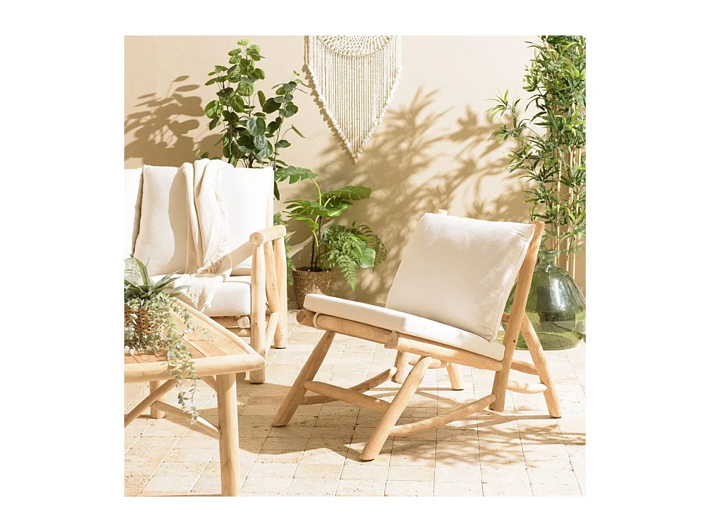 WILL - Fauteuil lounge en branches de teck naturel coussin blanc WILL