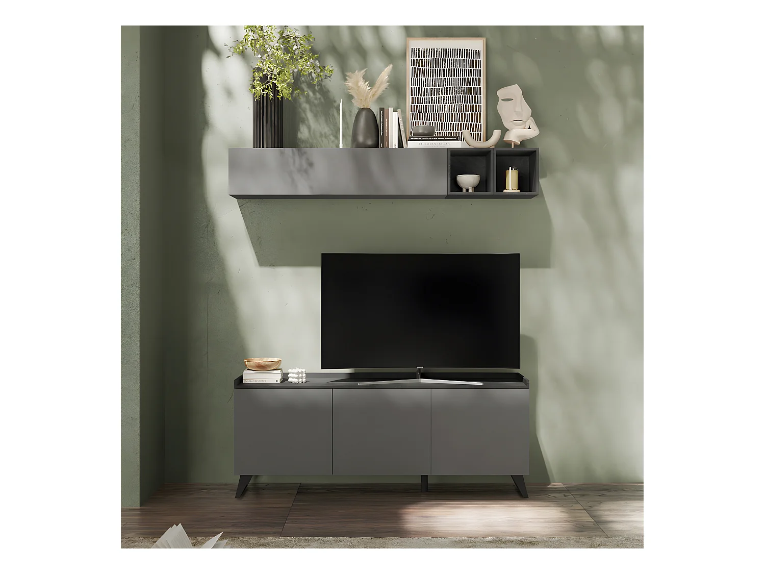 Meuble TV 3 portes Argile/Plomb - ANCONE