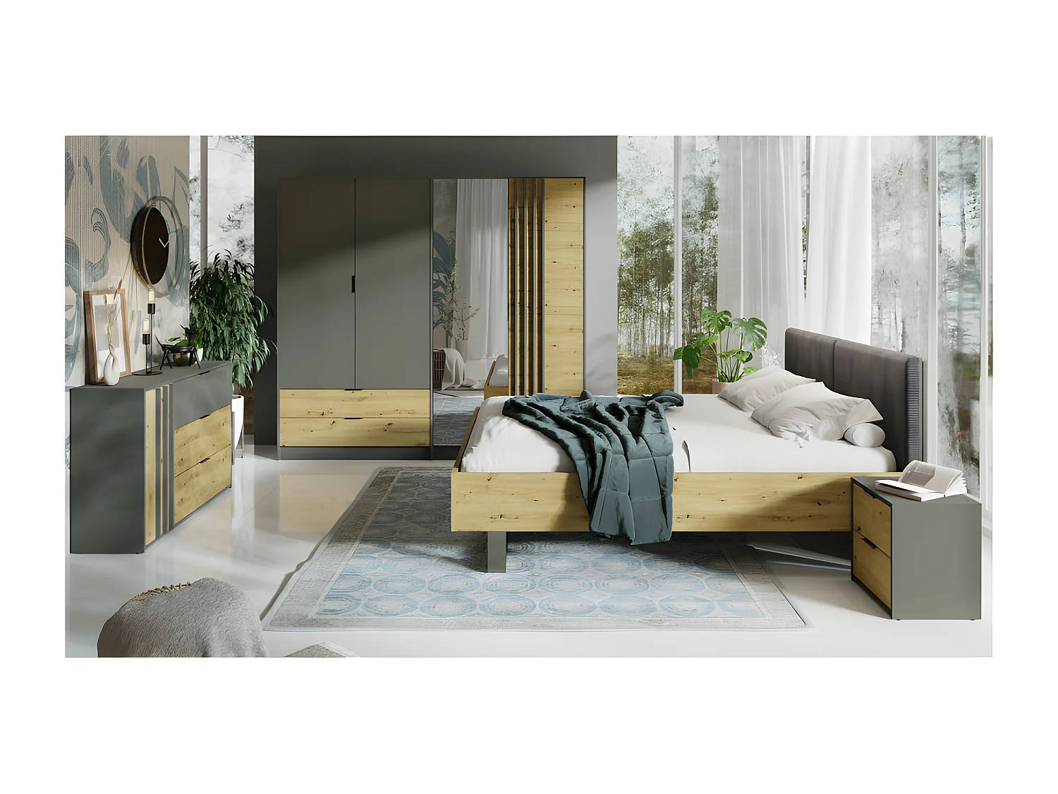 Armoire 4 portes avec miroir + 2 tiroirs Rimini