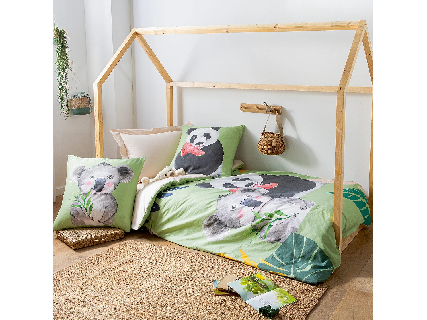 Taie d'oreiller 65x65 cm en 100% percale de coton PANDA vert