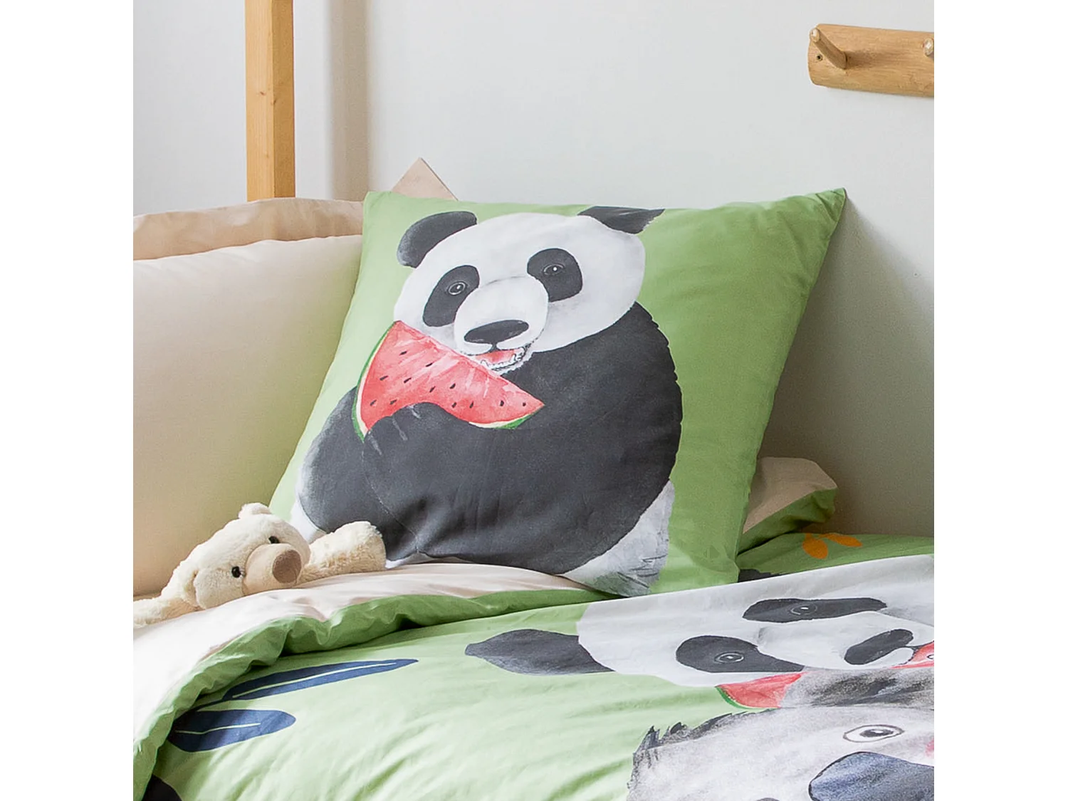 Taie d'oreiller 65x65 cm en 100% percale de coton PANDA vert