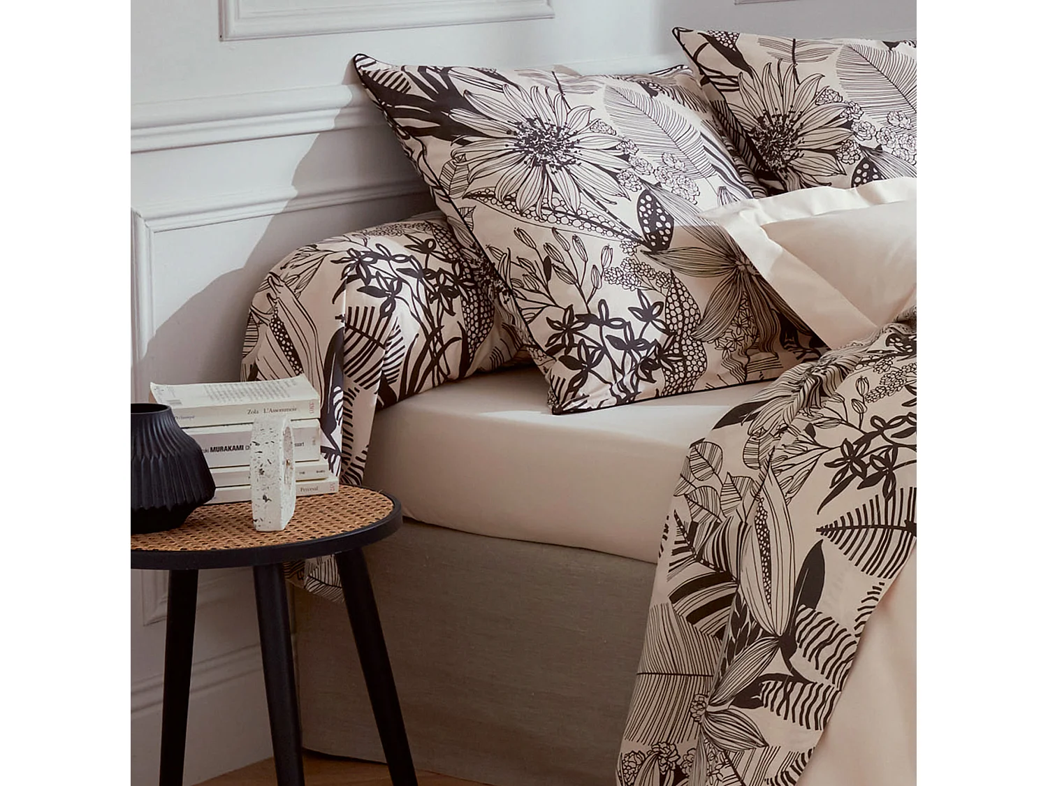 Taie de traversin 140x43 cm percale de coton ALBA beige/noir