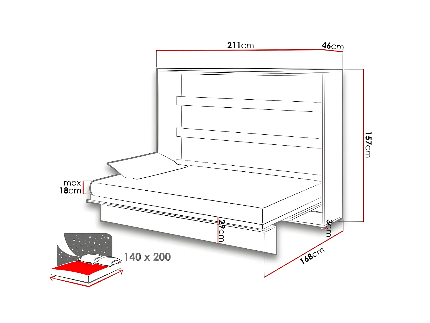 Lenart Lit escamotable MATELAS inclus Horizontal 140x200cm Chêne artisan Lit Rabattable"Consus"